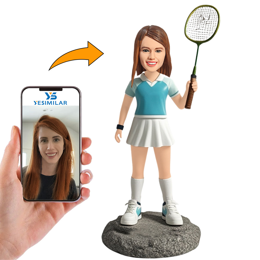 Happy Female Badminton Player in White Dress Custom Bobbleheads