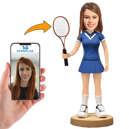 Female Badminton Player in Blue Sportswear Custom Bobbleheads