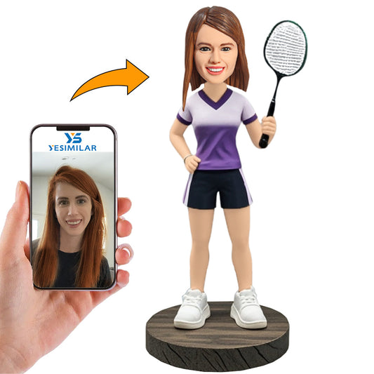 Female Badminton Player in Purple Sportswear Custom Bobbleheads