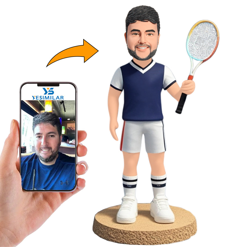 Man Holding Badminton Racket with Colorful Border Custom Bobbleheads