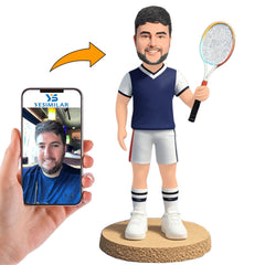 Man Holding Badminton Racket with Colorful Border Custom Bobbleheads