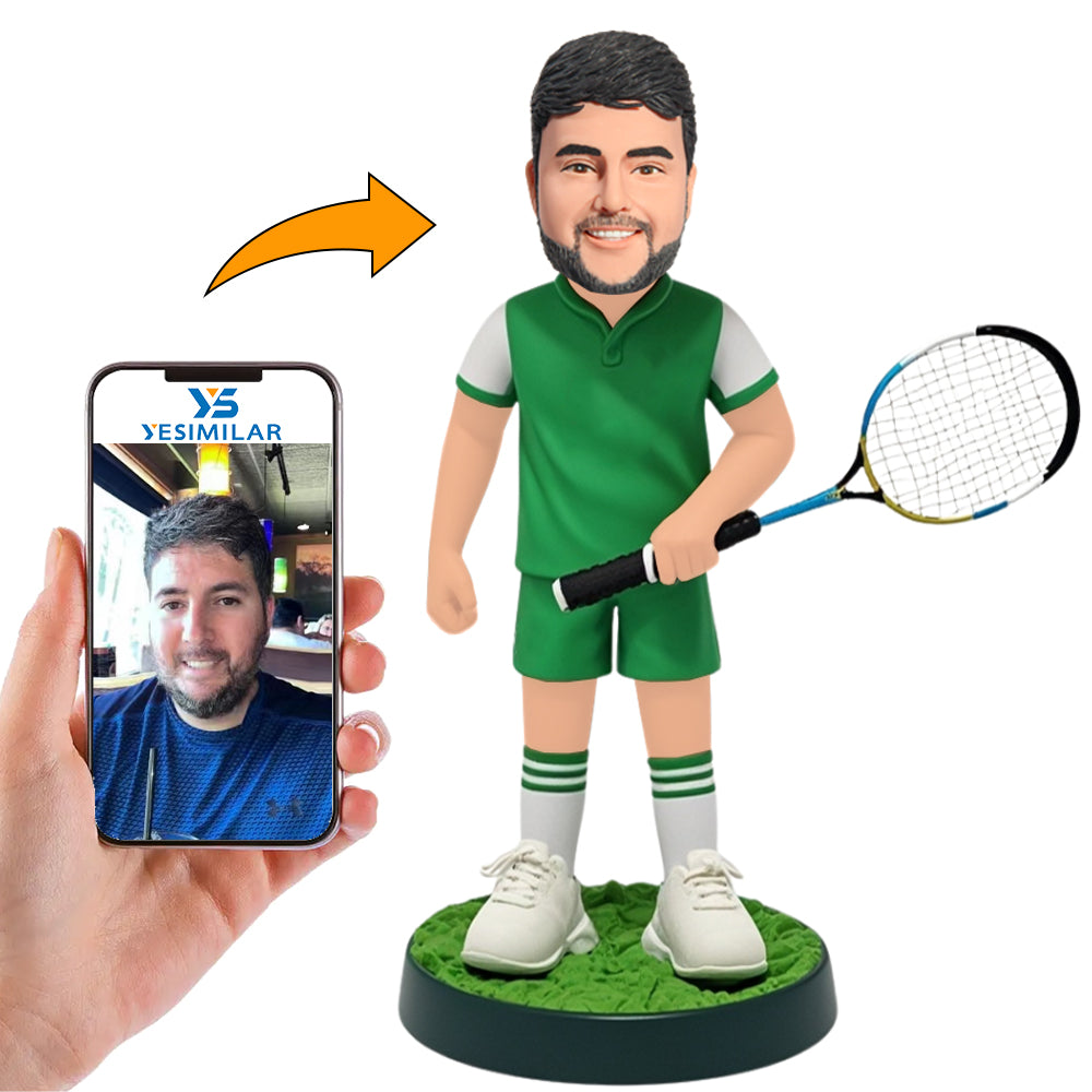 Male Badminton Player in Green Suit Custom Bobbleheads