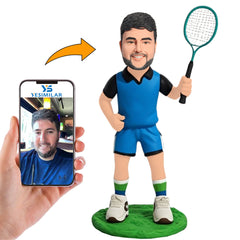 Male Badminton Player in Blue Suit Custom Bobbleheads