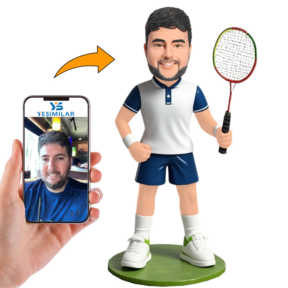 Male Badminton Player in Blue Pants White T-shirt Custom Bobbleheads