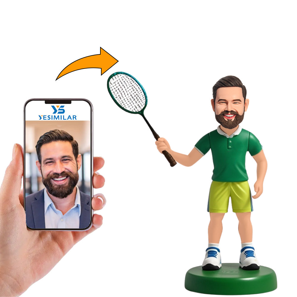 Handmade Green T-shirt Badminton Player Custom Bobbleheads