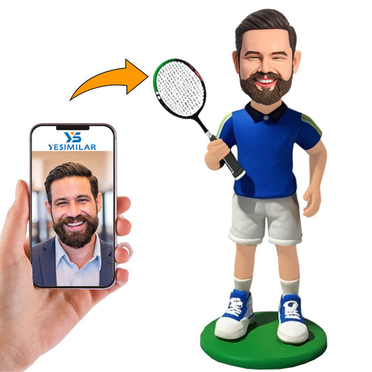 Handmade Sports Man Holding Badminton Racket Custom Bobbleheads