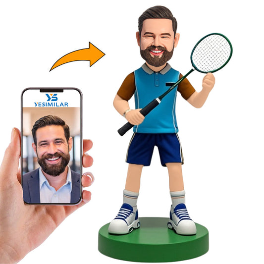 Man Holding Badminton Racket Custom Bobbleheads