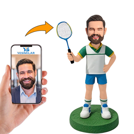 Happy Male Badminton Player Custom Bobbleheads