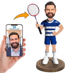 Blue and White Suit Male Badminton Player Custom Bobbleheads