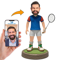 Handmade Male Badminton Player in Blue T-shirt Custom Bobbleheads