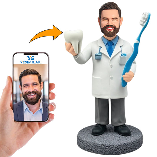 Male Dentist Holding Tooth and Toothbrush Custom Bobbleheads