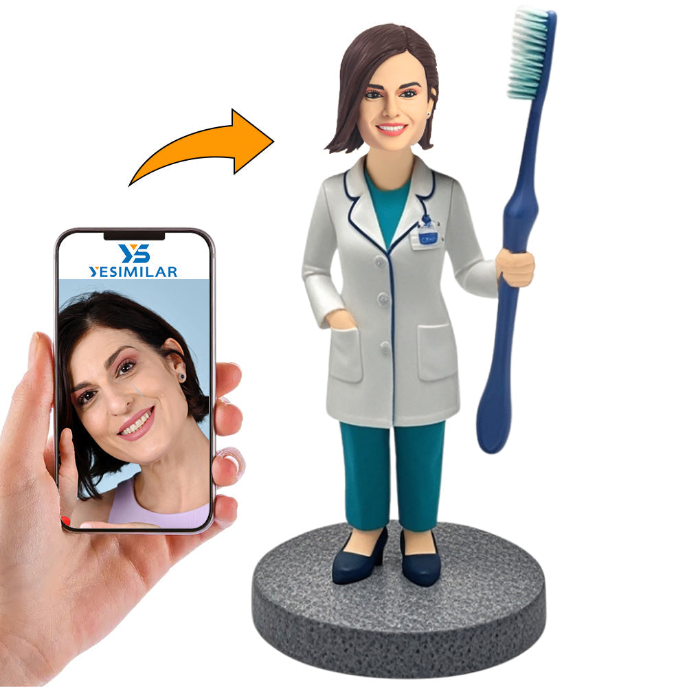 Female Dentist Holding Toothbrush Doctor Custom Bobbleheads