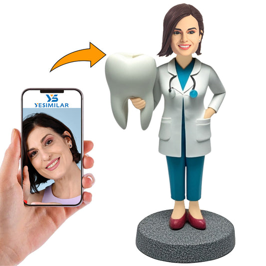 Female Dentist Holding Big Tooth Custom Bobbleheads