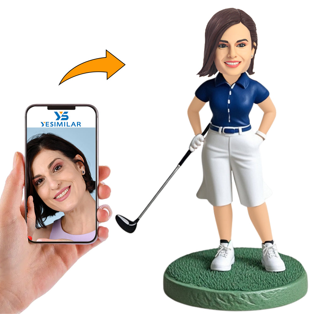 Dark Blue Shirt Female Golfer Custom Bobbleheads