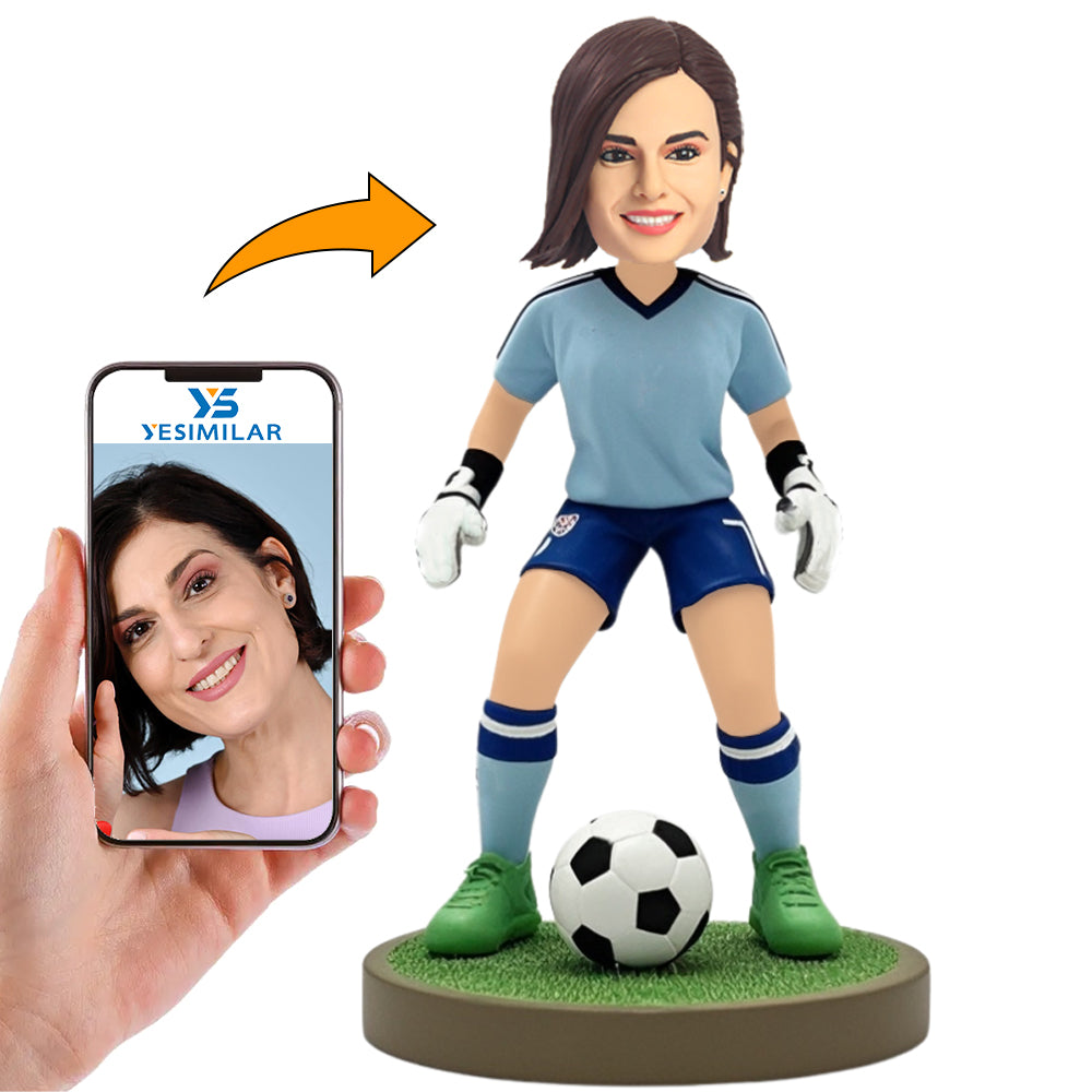 Blue Shirt Female Soccer Player Custom Bobbleheads