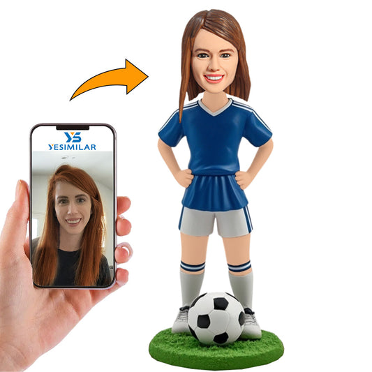 Female Soccer Player in Blue Suit Custom Bobbleheads Personalized Figure