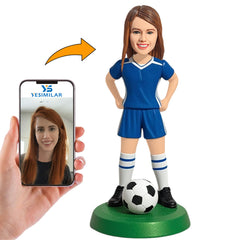 Blue Suit Female Soccer Player Custom Bobbleheads Personalized Figure