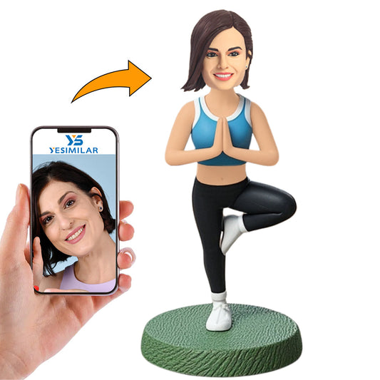 Yoga Girl in Blue Vest Custom Bobbleheads