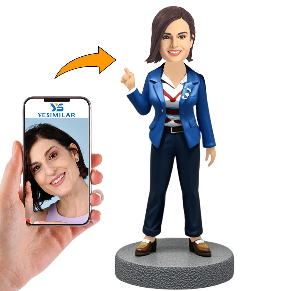 Casual Lady in Blue Coat Custom Bobbleheads