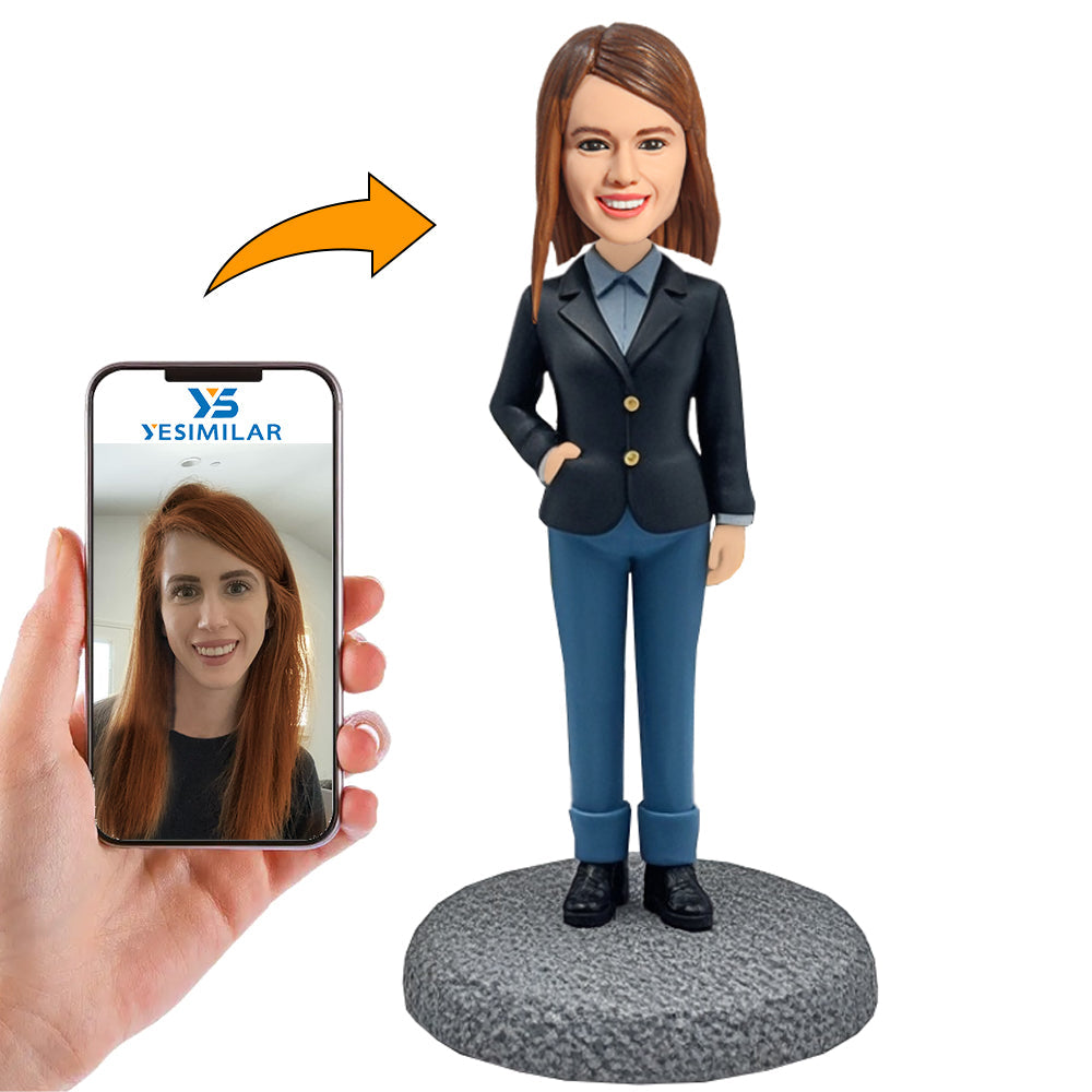 Leisure Woman in Black Coat Custom Bobbleheads