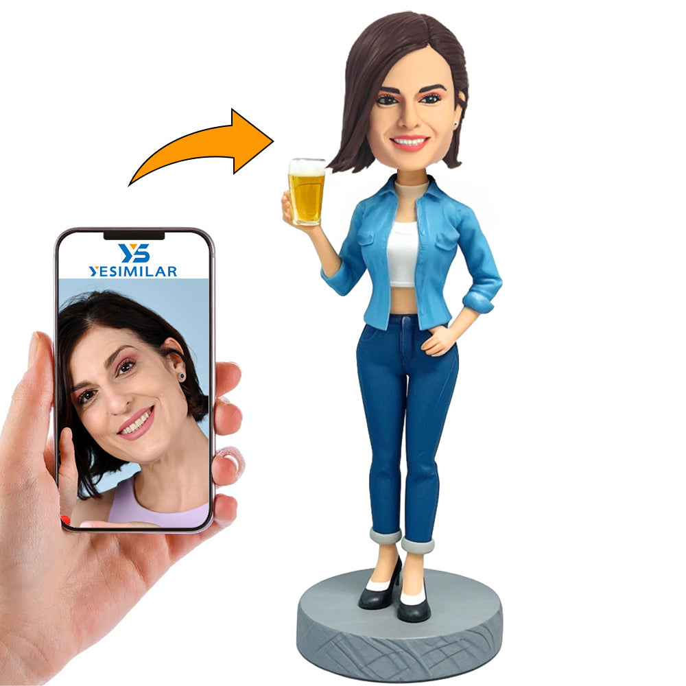 Handmade Woman in Jeans Holding Beer Custom Bobbleheads