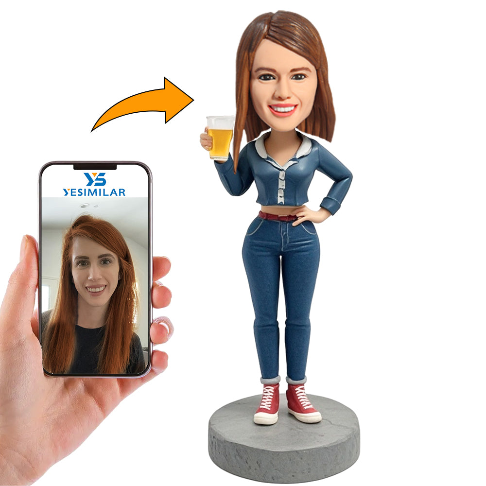 Handmade Girl in Jeans Holding Beer Custom Bobbleheads