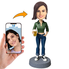 Handmade Woman in Green Clothes Holding Beer Custom Bobbleheads