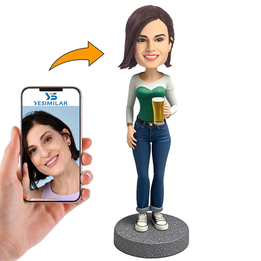 Handmade Beautiful Woman Holding Beer Custom Bobbleheads