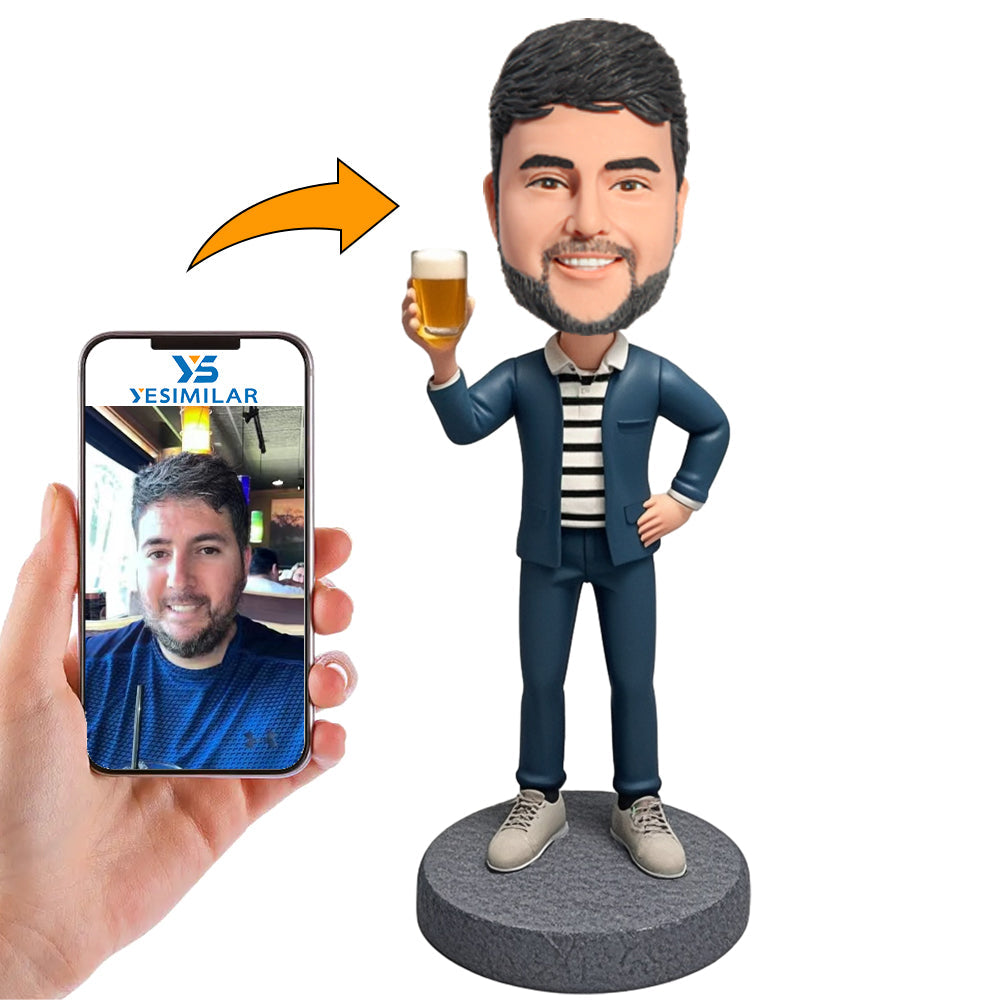 Handmade Dark Blue Suit Man Holding Beer Custom Bobbleheads
