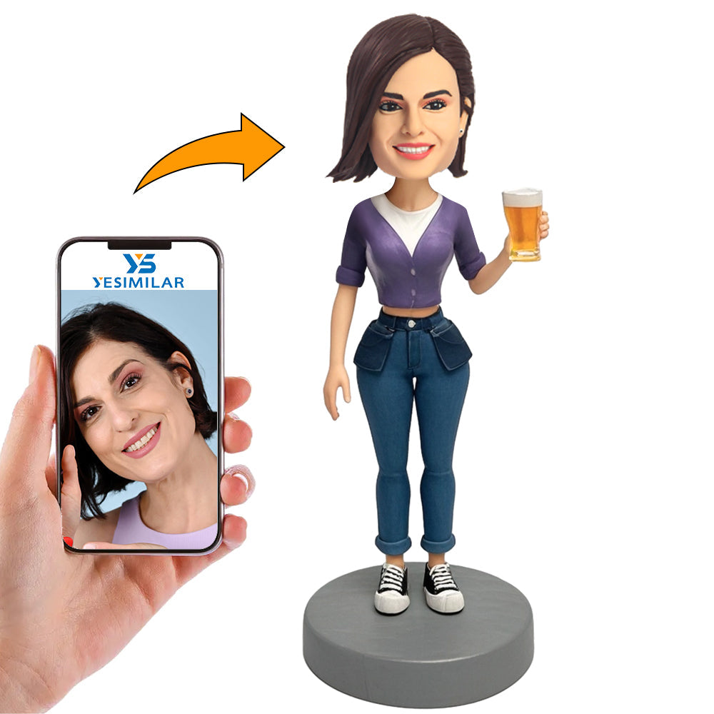 Handmade Woman in Purple Shirt Holding Beer Custom Bobbleheads