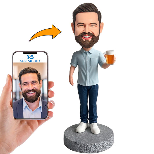 Handmade Blue Shirt Man Drinking Beer Custom Bobbleheads