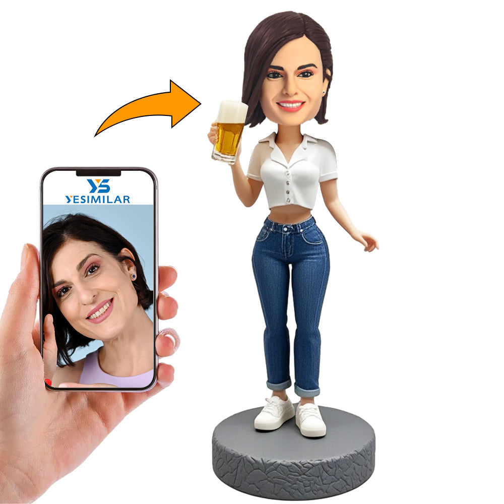 Handmade White Shirt Woman Drinking Beer Custom Bobbleheads