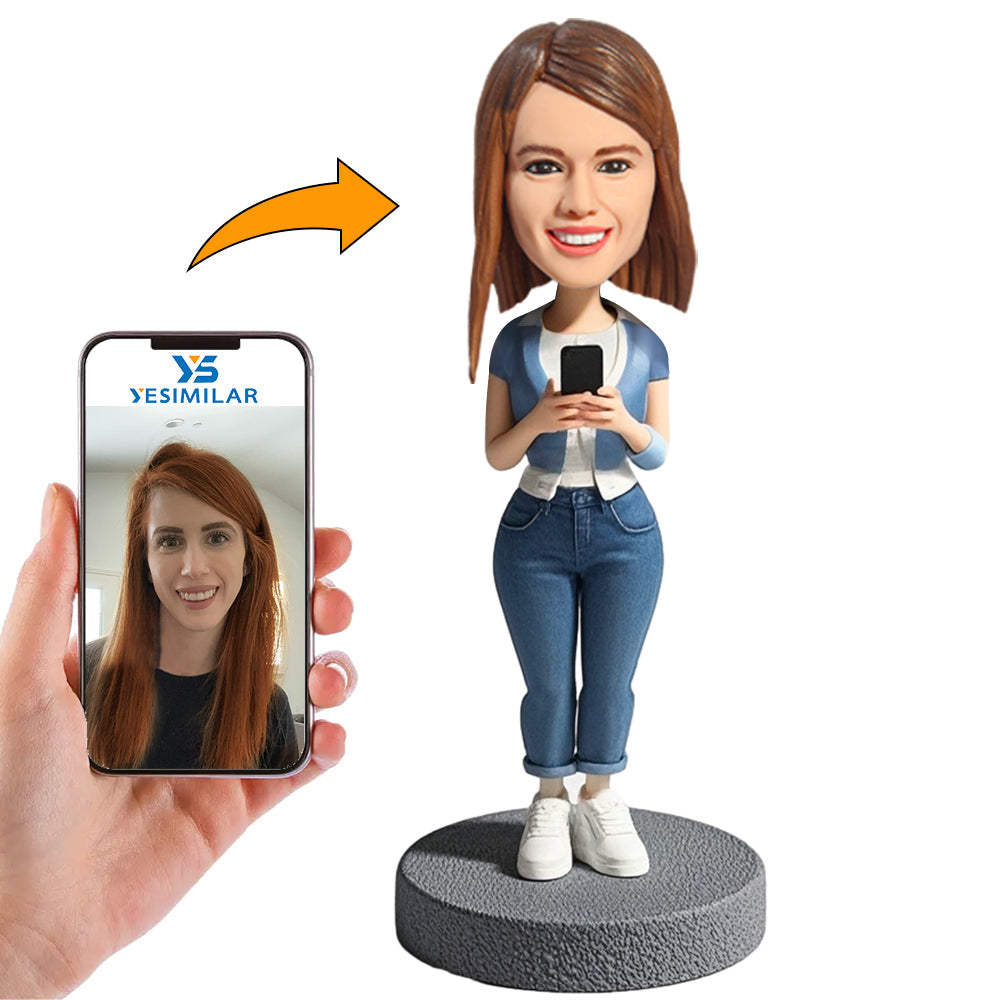 Handmade Girl Holding Mobile Phone Custom Bobbleheads