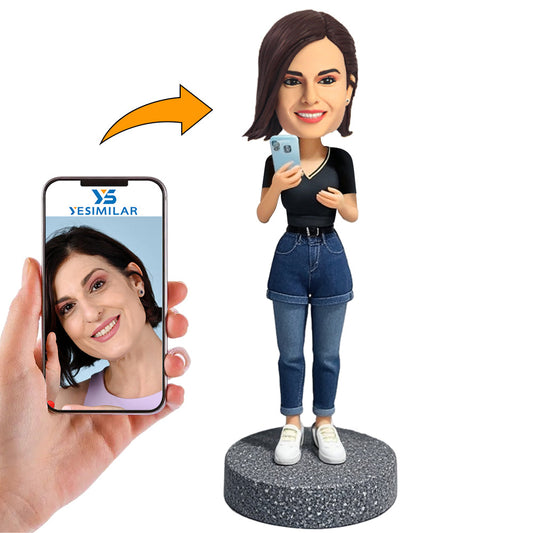 Handmade Black Shirt Girl Holding Mobile Phone Custom Bobbleheads