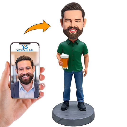 Handmade Man in Green T-shirt Drinking Beer Custom Bobbleheads