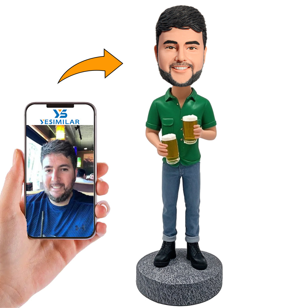 Handmade Man Holding Two Beer Mugs Custom Bobbleheads