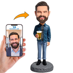 Handmade Man in Denim Jacket Drinking Beer Custom Bobbleheads