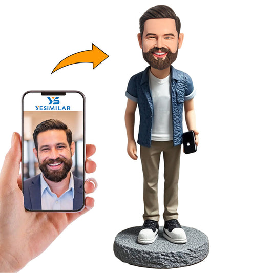 Handmade Man Holding Mobile Phone Custom Bobbleheads