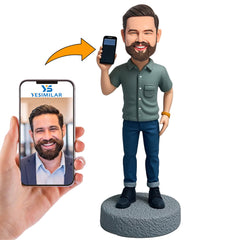 Handmade Casual Man Holding Mobile Phone Custom Bobbleheads