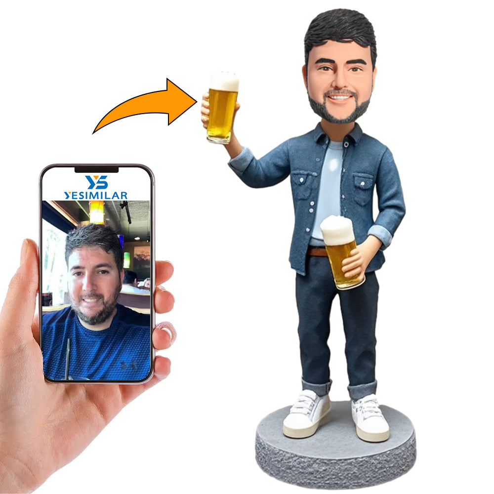 Handmade Man with Two Beer Cups Custom Bobbleheads