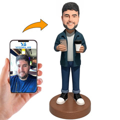 Handmade Casual Man Holding Mobile Phone And Coffee Custom Bobbleheads