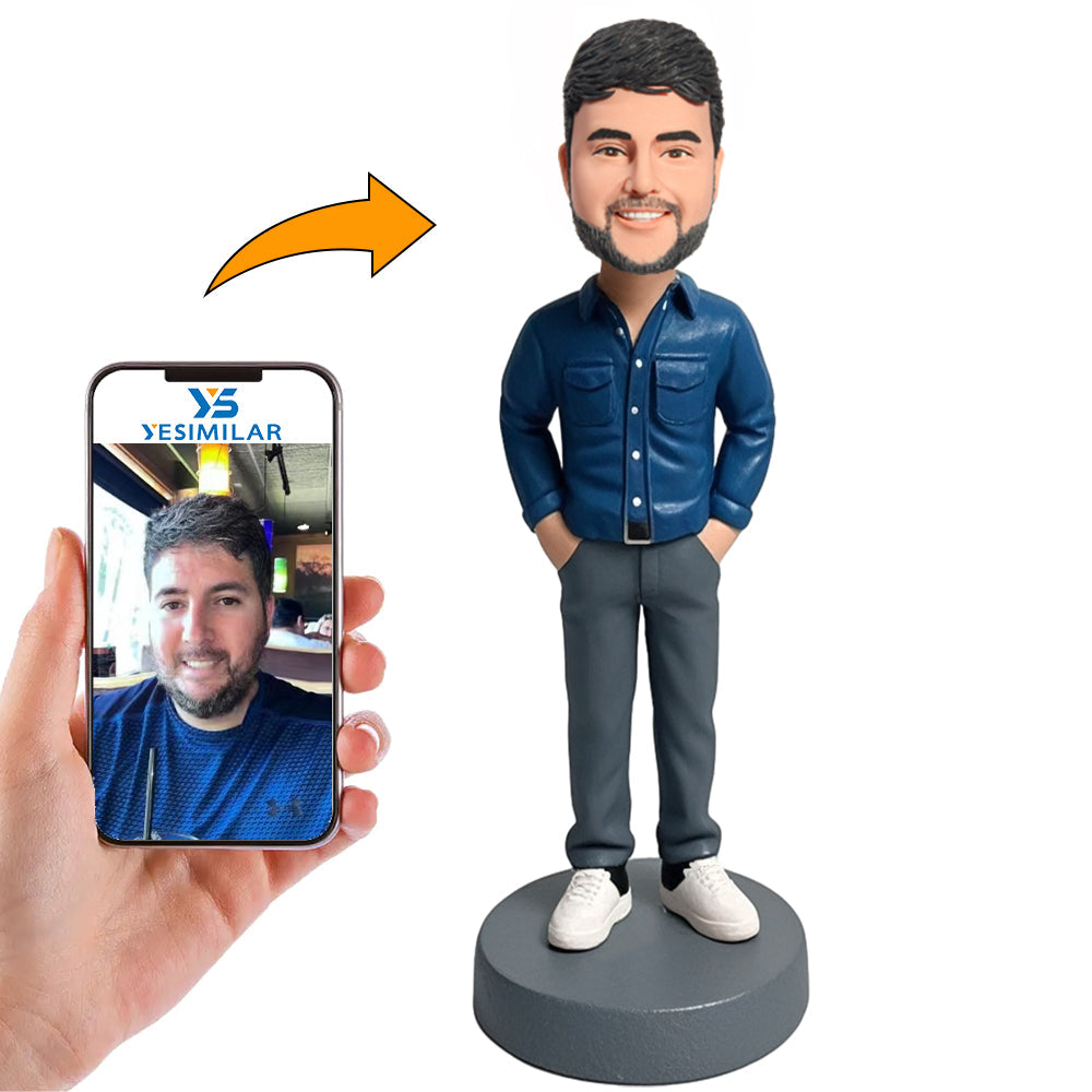 Handmade Casual Man in Blue Clothes Custom Bobbleheads