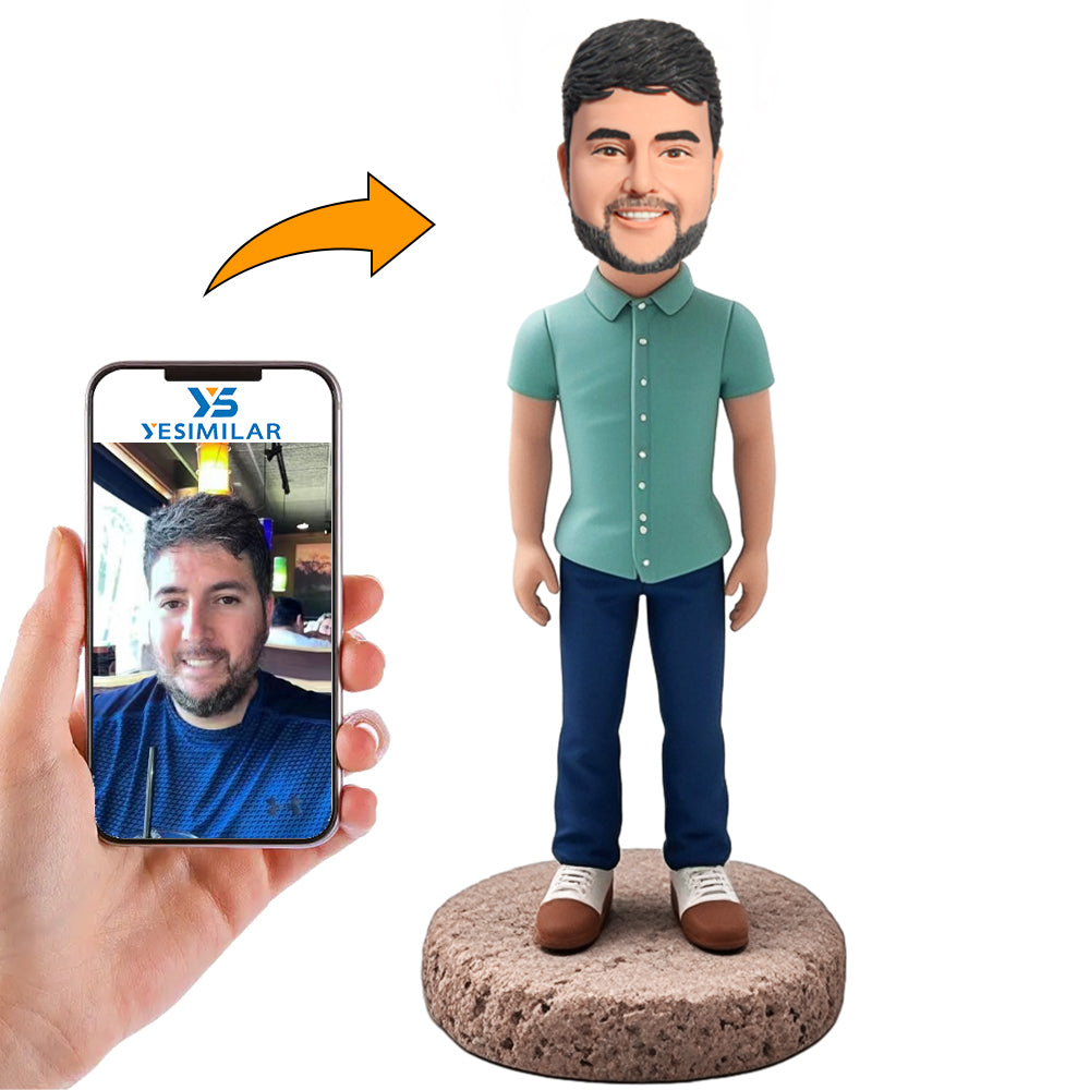 Handmade Happy Casual Man in Green T-shirt Custom Bobbleheads