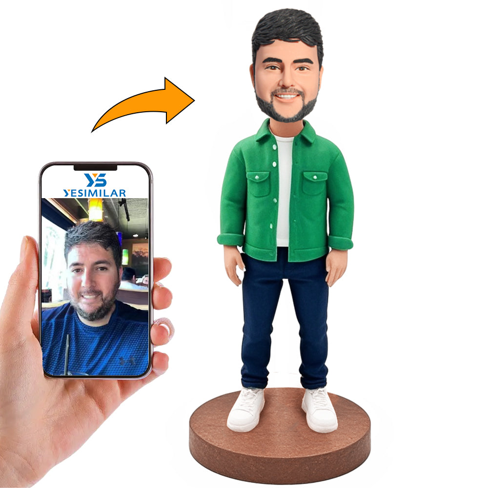 Handmade Happy Casual Man in Green Jackets Custom Bobbleheads