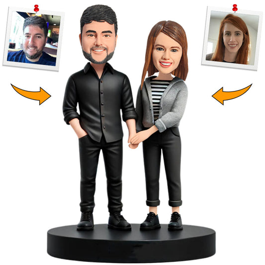 Modern Causal Couple Custom Bobbleheads Cake Topper