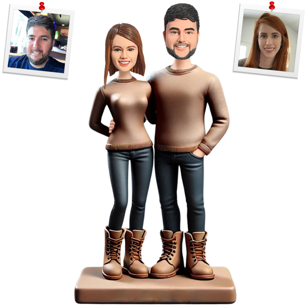 Brown Sweatshirts Couple Custom Bobbleheads Personalized Doll