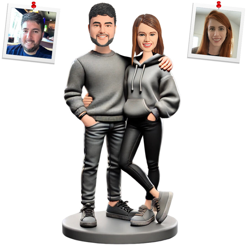 Grey Sweatshirts Couple Custom Bobbleheads Personalized Doll