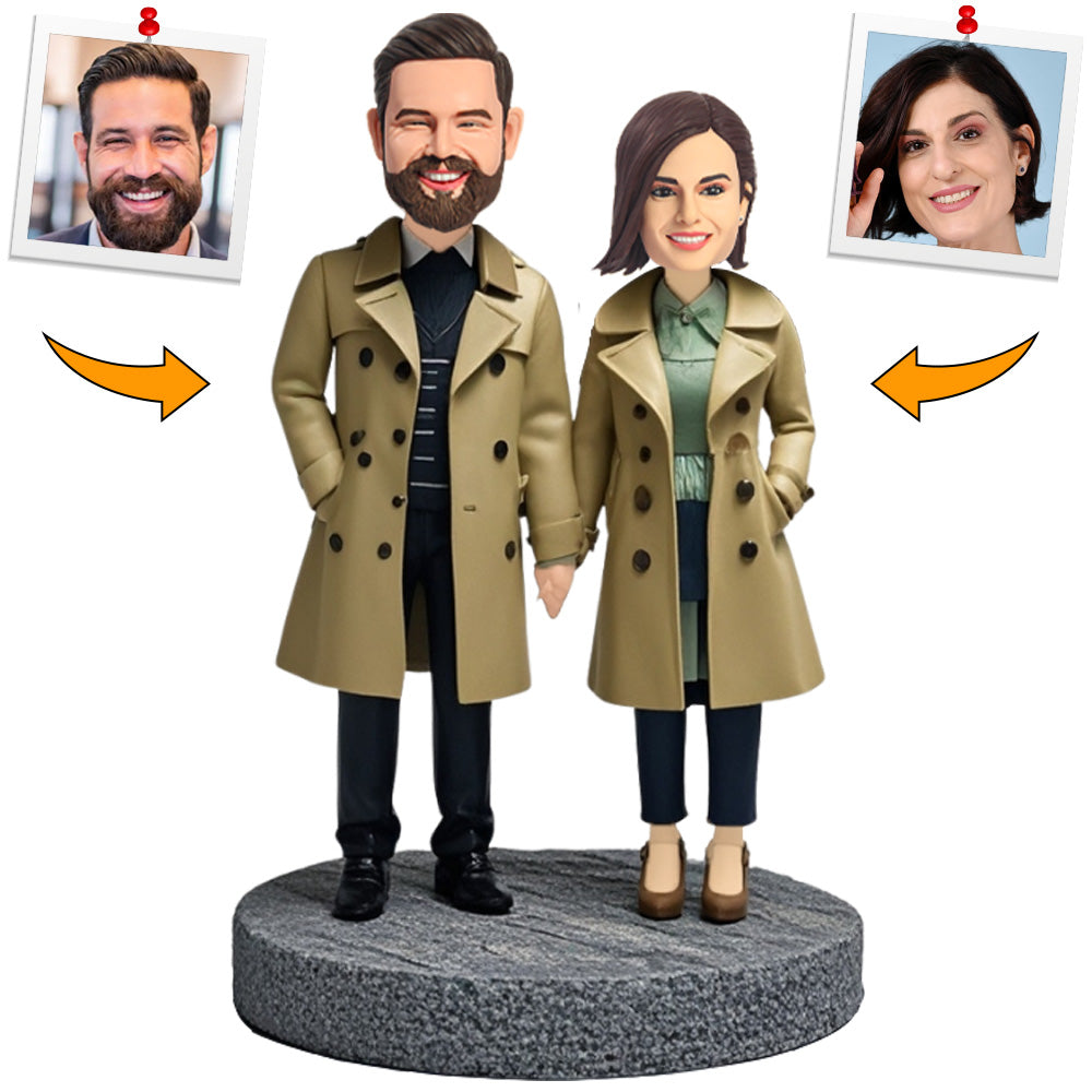 Couple Wearing Trench Coat Suit Custom Bobbleheads