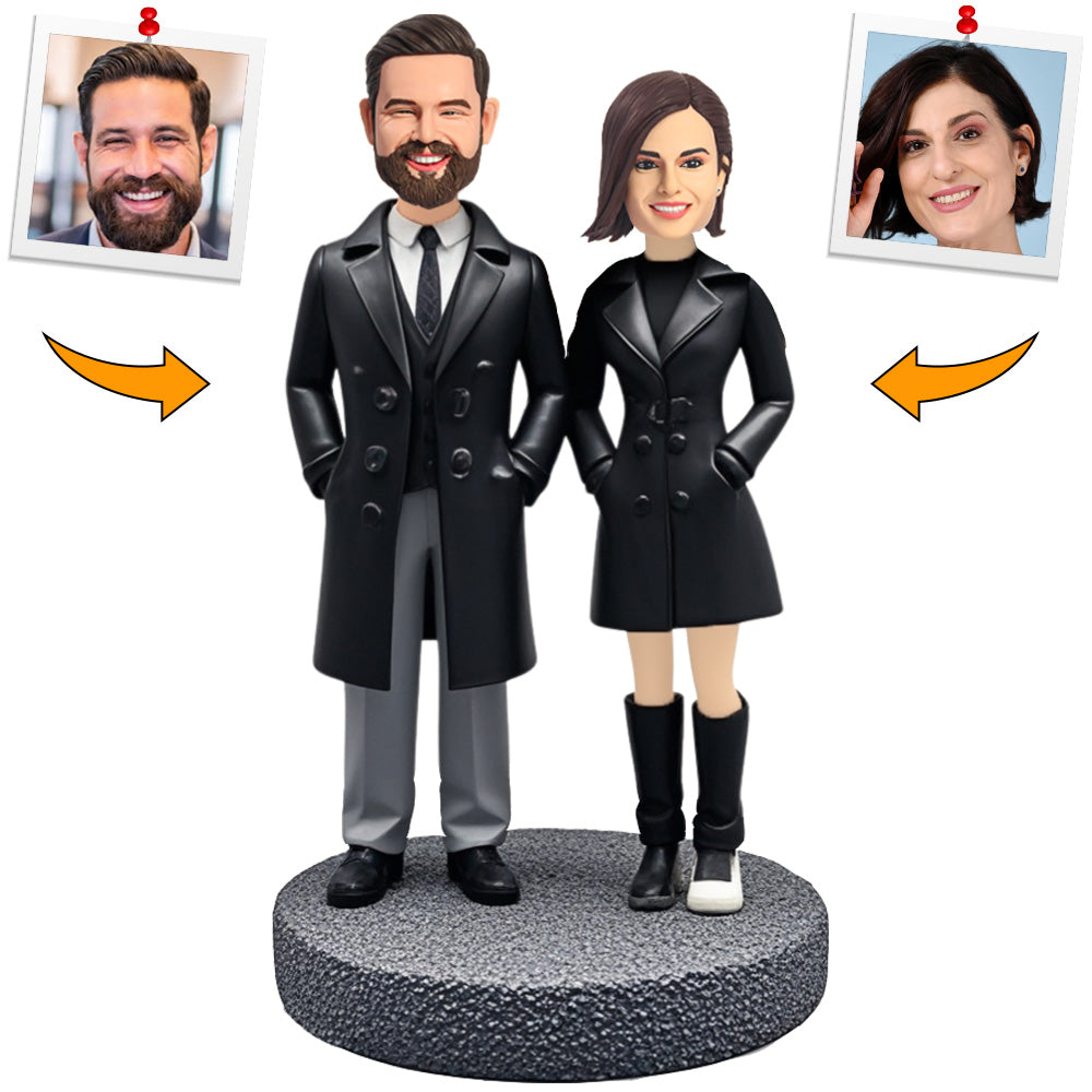 Couple Wearing Black Trench Coat Suit Custom Bobbleheads