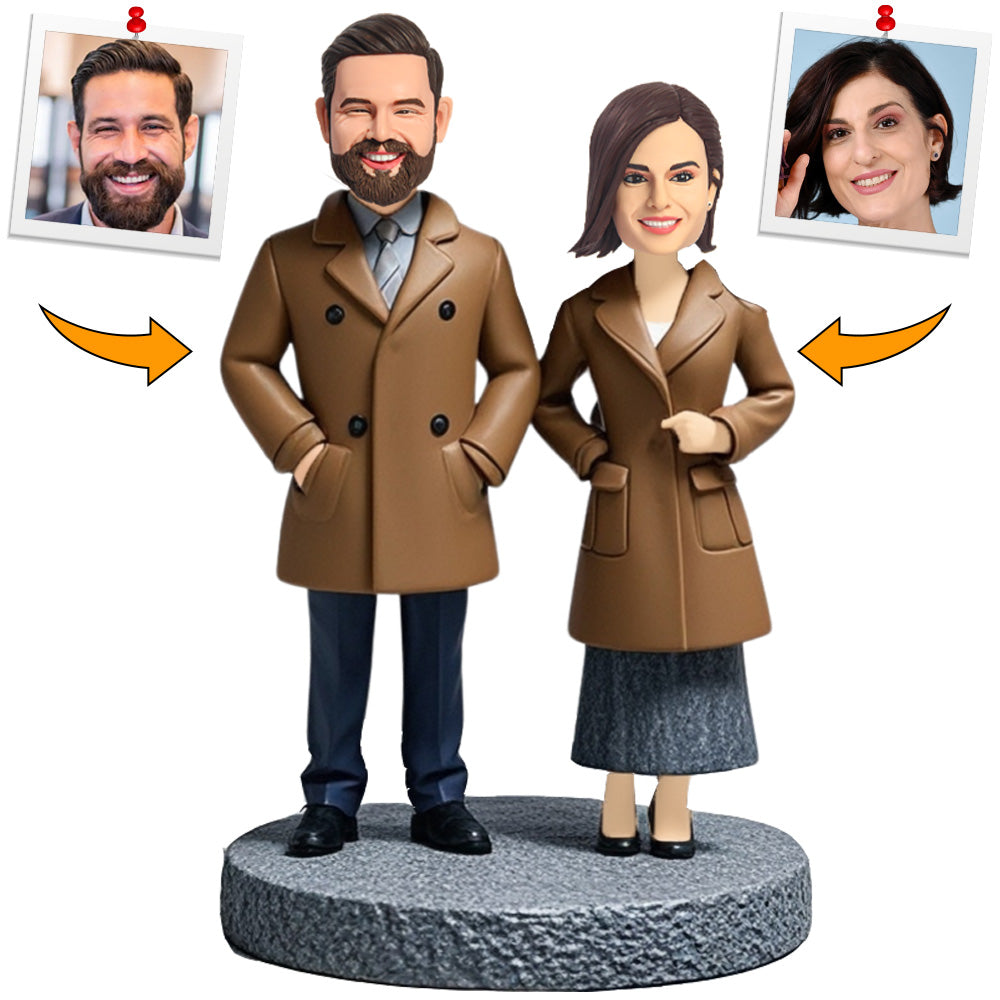 Happy Couple Wearing Dark Brown Trench Coats Custom Bobbleheads